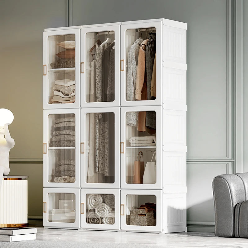 Portable Foldable Clothes Wardrobe for Bedroom with Cube Storage and Hanging Rods