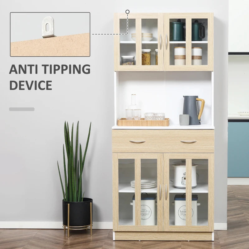 Modern Freestanding Kitchen Cupboard - 180cm Storage Cabinet Hutch with Central Drawer & 2 Glass Door Cabinets