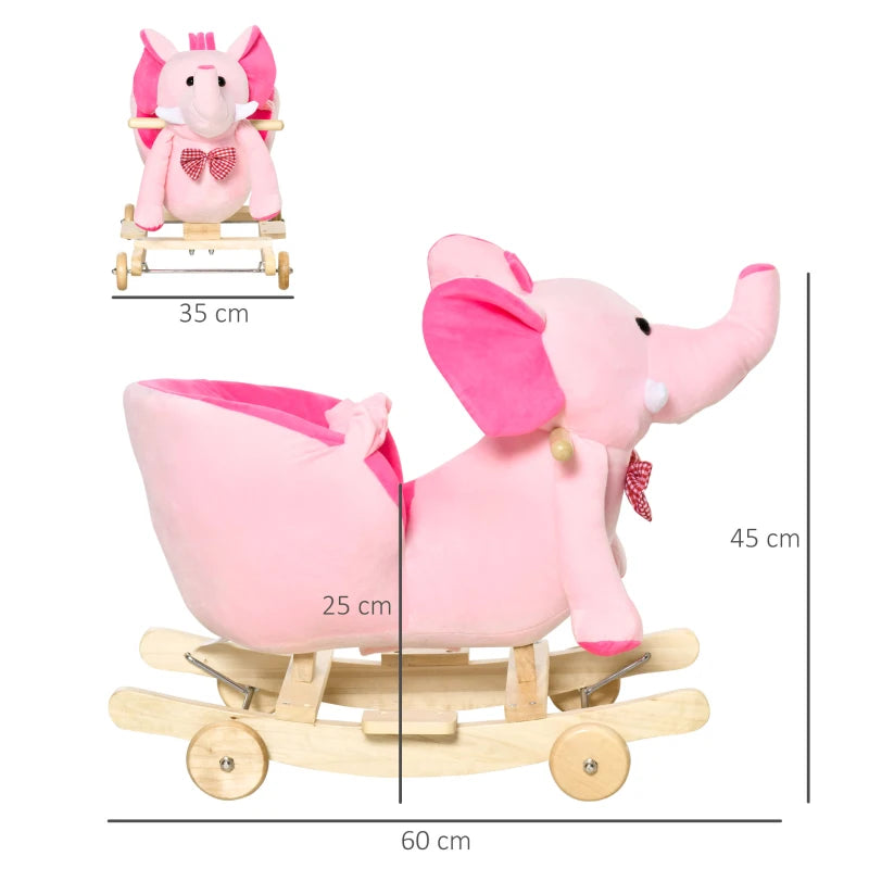 2-in-1 Plush Baby Rocking Horse Elephant with Wheels - Wooden Toy for Kids, 32 Songs, Ideal for 18+ Months (Pink)
