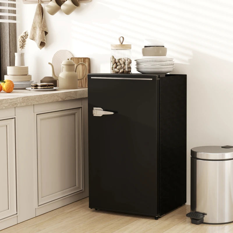 85L Retro Under Counter Fridge with Chiller Box, Adjustable Thermostat & Glass Shelves - Black Small Refrigerator