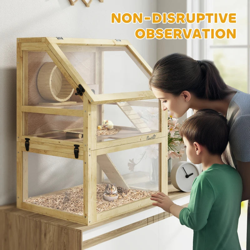 Wooden Hamster Cage with Detachable Deep Bottom Hut Seesaw Exercise Wheel Ramp 60x40x75cm Natural