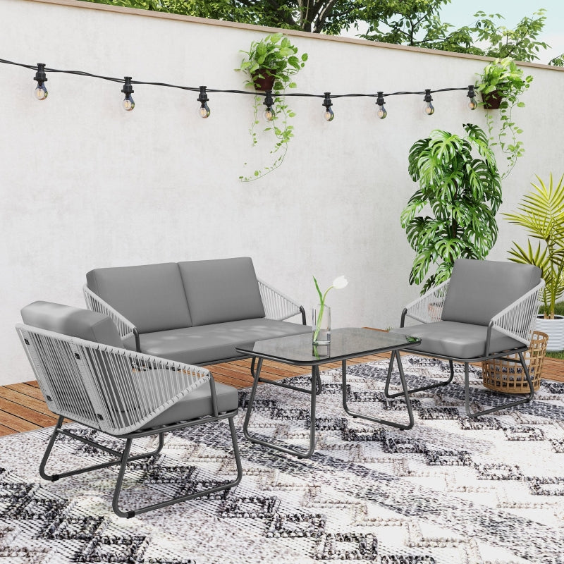 4 Piece Grey Rattan Garden Furniture Set - Wicker Patio Outdoor Loveseat, Armchairs, Glass Top Coffee Table with Cushions for Patio, Conservatory, Balcony