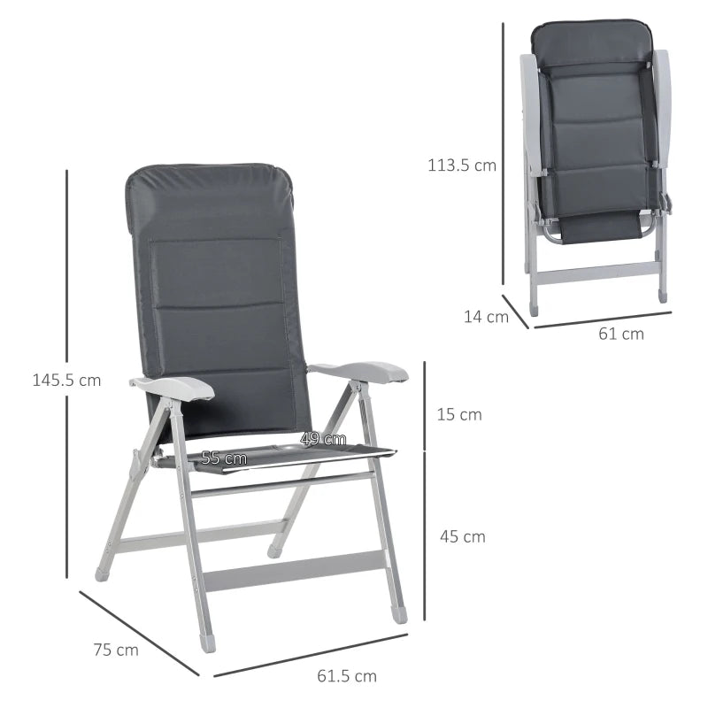 Grey Padded Folding Garden Chairs Set of 2 with Adjustable Back