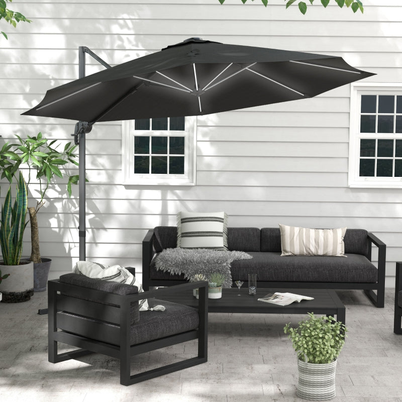 Adjustable Cantilever Parasol with Solar LED Lights, Dark Grey, 3m
