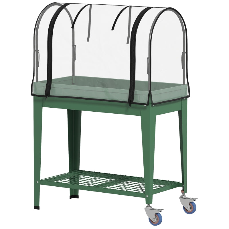 Mobile Elevated Garden Bed with Greenhouse Cover - 4ft Green Planter with Wheels and Bottom Shelf