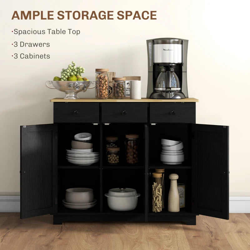 Stylish Black Wood-Effect Sideboard with Rubberwood Top & Adjustable Shelves - Perfect for Dining Room & Kitchen Storage