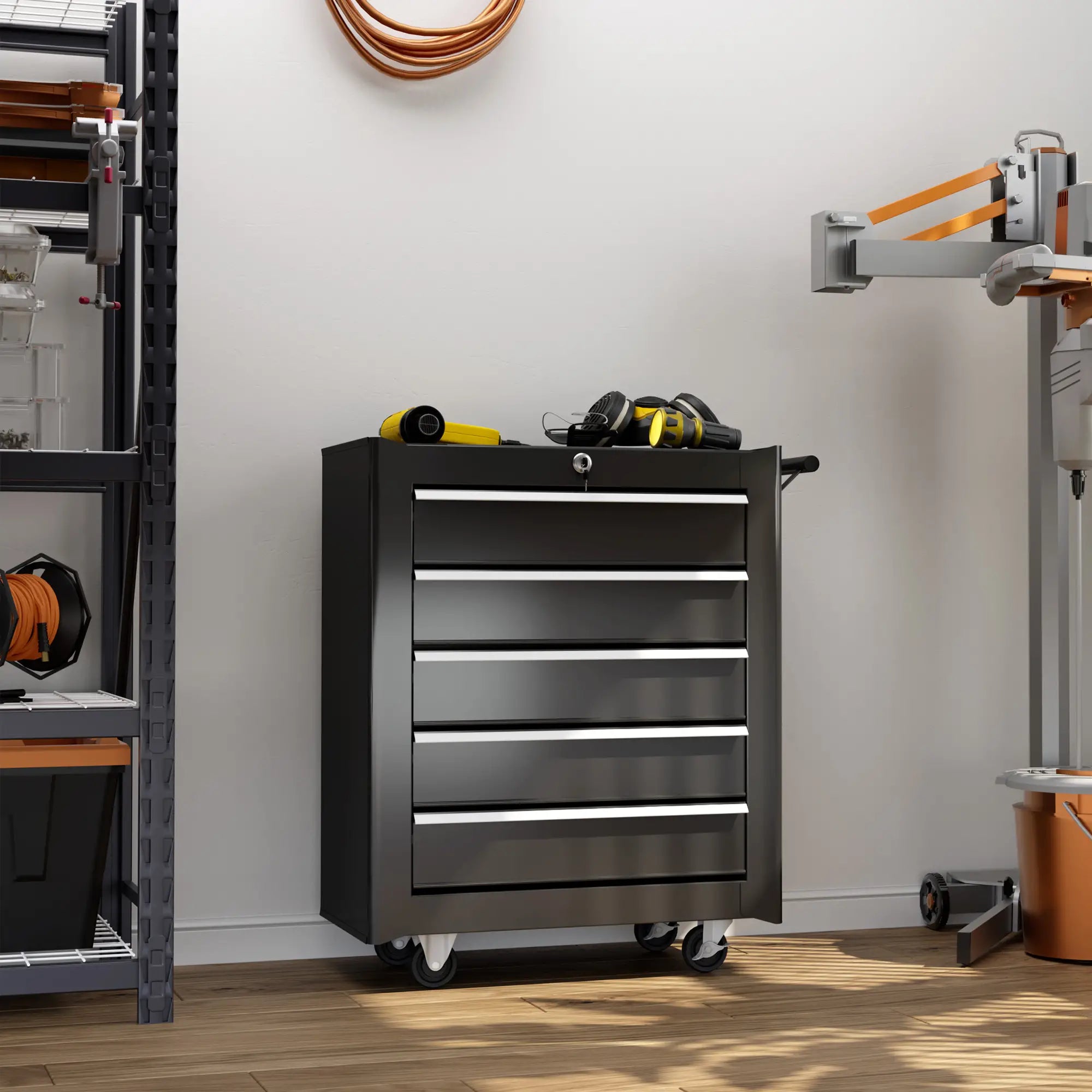 5-Drawer Tool Chest With Wheels - Steel Lockable Tool Storage Cabinet with Handle, 2 Keys for Garages & Workshops