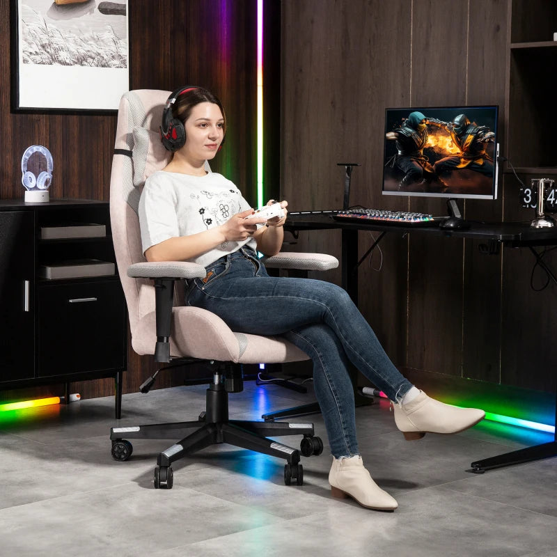 Ergonomic Pale Pink Fabric Gaming Chair with Lumbar Support & Headrest - Perfect for Comfort & Style in Gaming