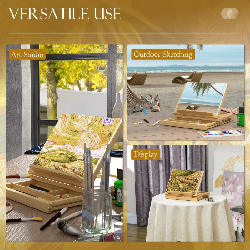 Vinsetto Portable Wooden Table Easel Box with Storage - Folding Artist Easel in Natural Finish for Painting and Drawing