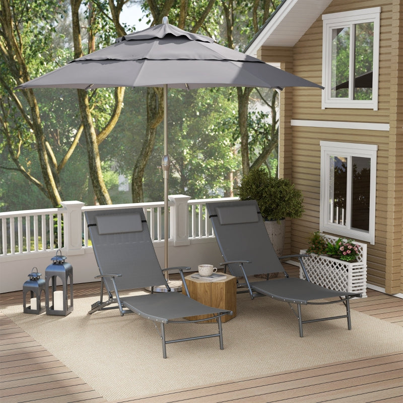 Set of 2 Grey Folding Sun Loungers - Adjustable 4 Position Outdoor Chaise Lounge Chairs with Armrests and Pillows - Steel Frame Sunbed Recliners for Garden, Patio, Beach and Poolside