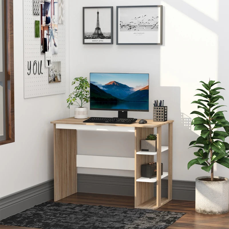 Modern Oak & White Computer Desk with 3-Tier Storage Shelf - Stylish Writing Desk for Home Office & Study
