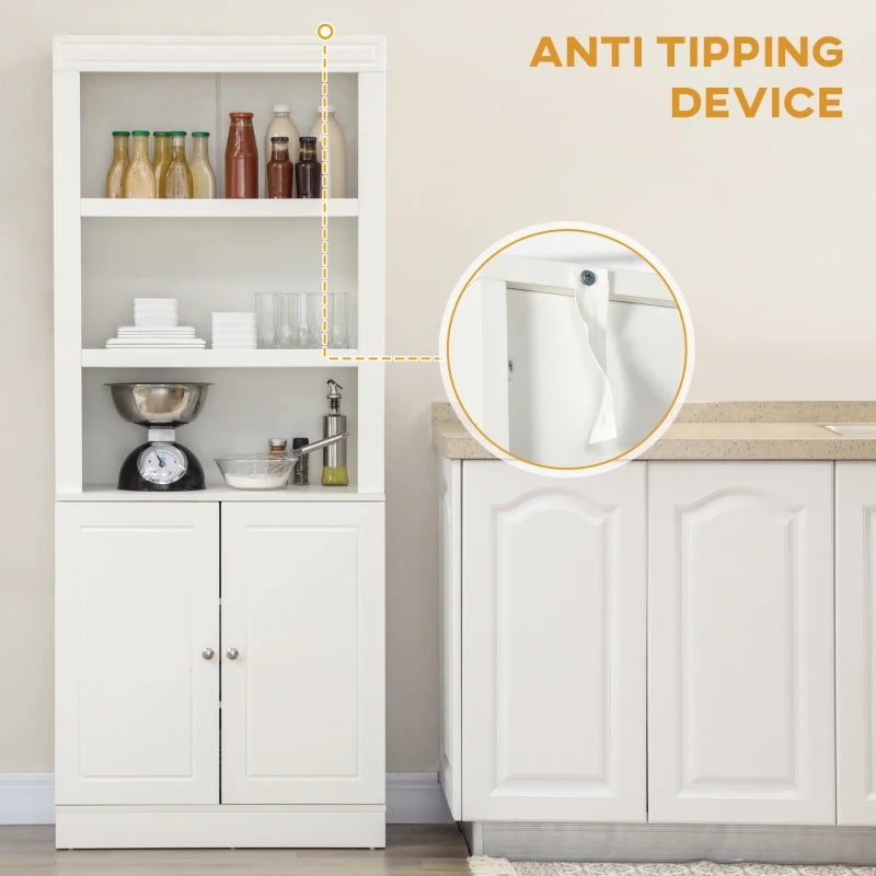6-Tier Kitchen Cupboard - Freestanding Storage Cabinet with 3 Open Compartments & Double-Door Adjustable Shelves - White