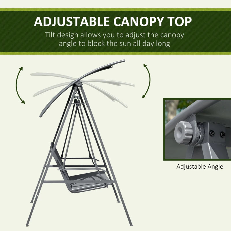 2 Seater Dark Grey Garden Swing Bench - Outdoor Canopy Swing Bench with Adjustable Shade, Metal Frame and Texteline Seat