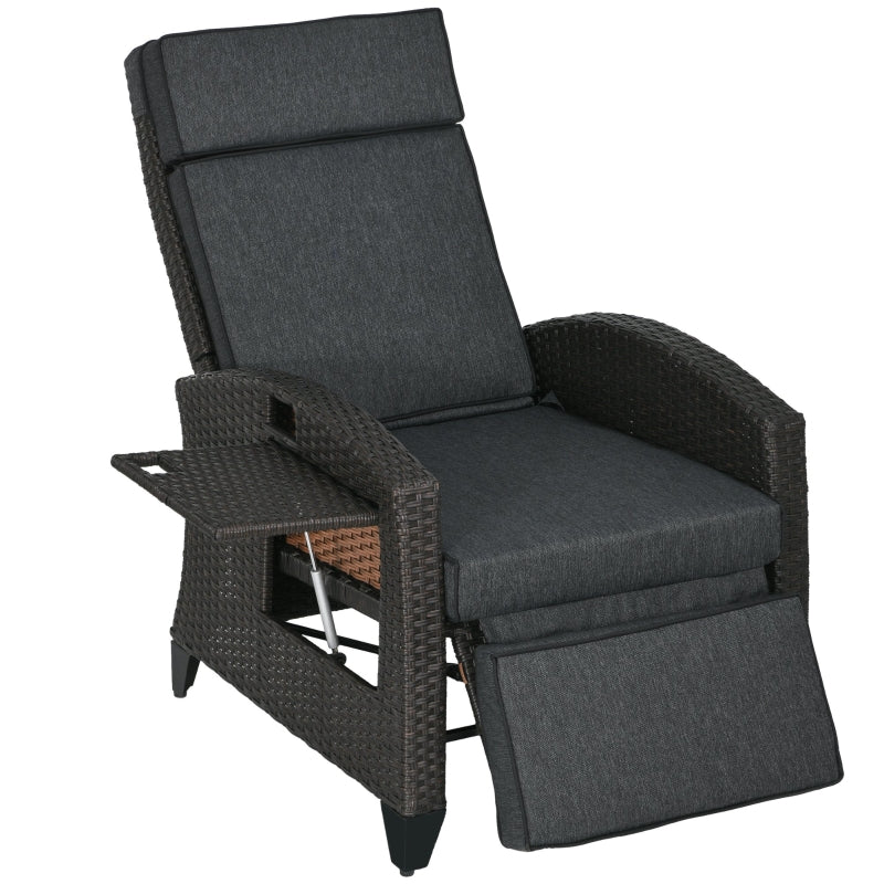 Grey Outdoor Recliner Chair with Adjustable Backrest, Footrest, Cushion, and Side Tray