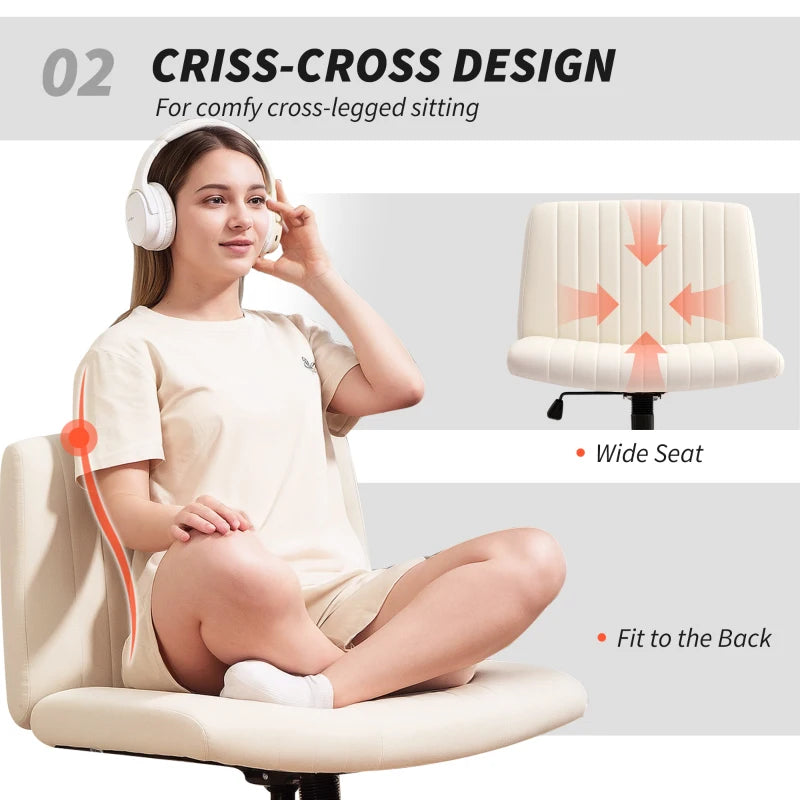 Armless Linen Fabric Office Chair - Criss Cross Legs, Wide Seat, Thick Padding, Adjustable Height, Cream - No Wheels