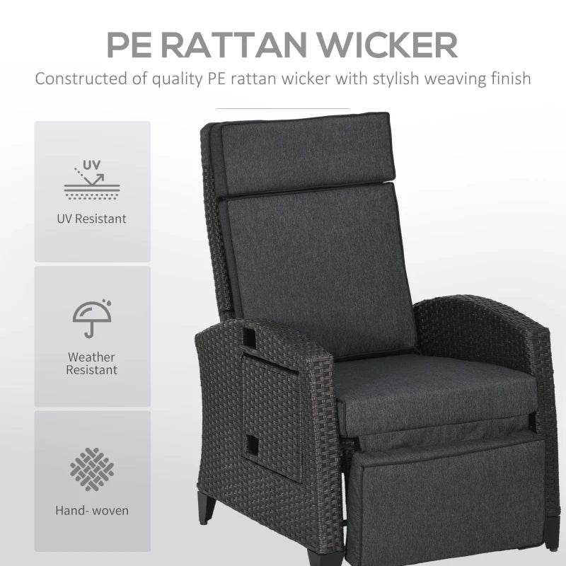 Grey Outdoor Recliner Chair with Adjustable Backrest, Footrest, Cushion, and Side Tray