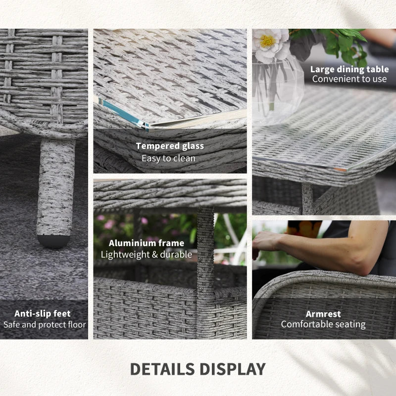 4 Seater Light Grey PE Rattan Outdoor Dining Sofa Set with High Back Chairs and Cushions, Tempered Glass Coffee Table for Patio