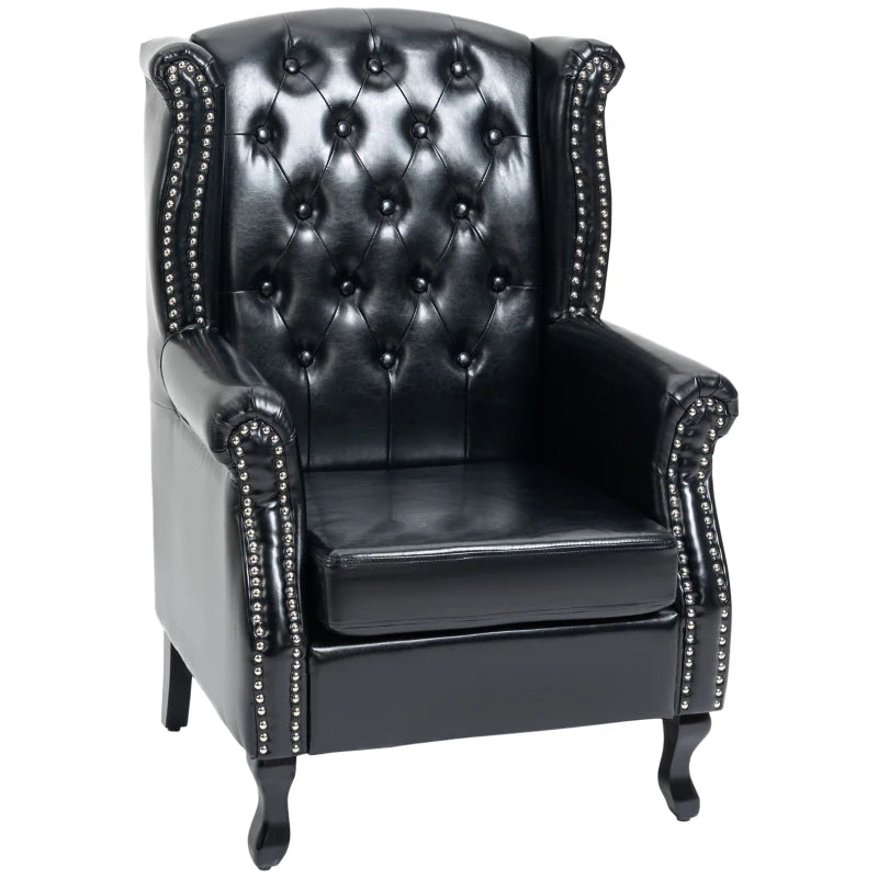 Tufted Chesterfield-Style Wingback Accent Chair with Nail Head Trim for Living Room or Bedroom in Black