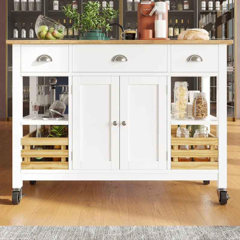 Rolling Kitchen Island Trolley with Adjustable Shelf, 3 Drawers, Spice Rack & Folding Side Board - White, 120x45x90 cm