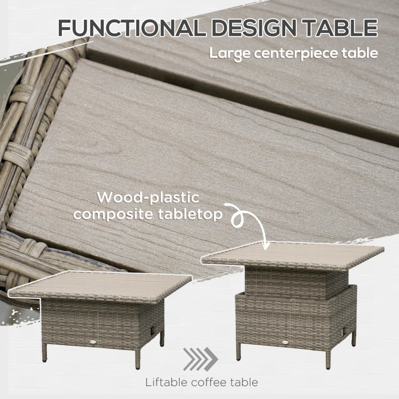 6 Pieces Light Grey Outdoor PE Rattan Garden Furniture Set - Patio Wicker Sectional Sofa with Soft Padded Cushions & Liftable Coffee Table