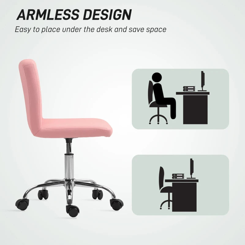 Pink PU Leather Armless Office Chair - Modern Swivel Computer Chair with Rolling Wheels & Adjustable Height for Home & Study
