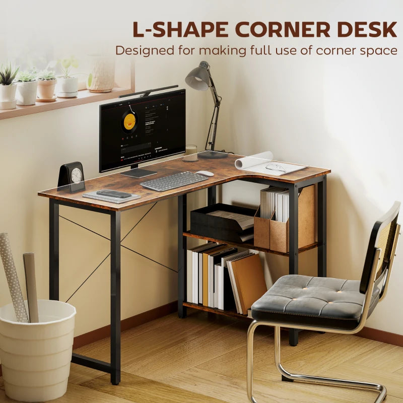 Rustic Brown L Shaped Desk with Bookshelf - Corner Computer Desk for Home Office & Study Room, 120x73.2x75cm