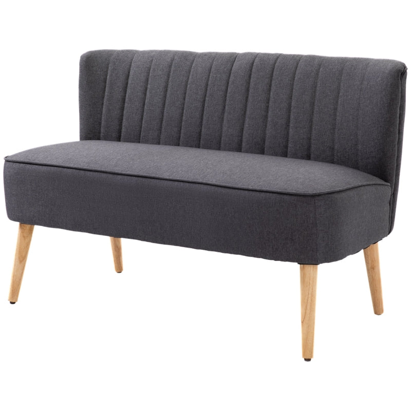 Modern Compact Double Seat Sofa Loveseat in Dark Grey with Padded Linen and Wooden Legs