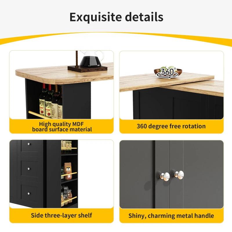 360° Swiveling Dining Table with Snack Rack & Drawers - Multifunctional Kitchen Island on Castors, Black, 209L x 39W x 104H cm