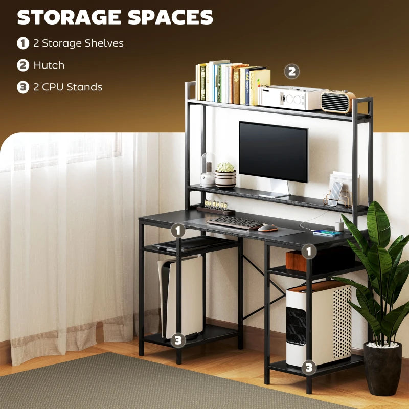 Modern Black Computer Desk with Power Outlets & LED Lights, Home Office Study Table with Monitor Stand & Storage Shelves