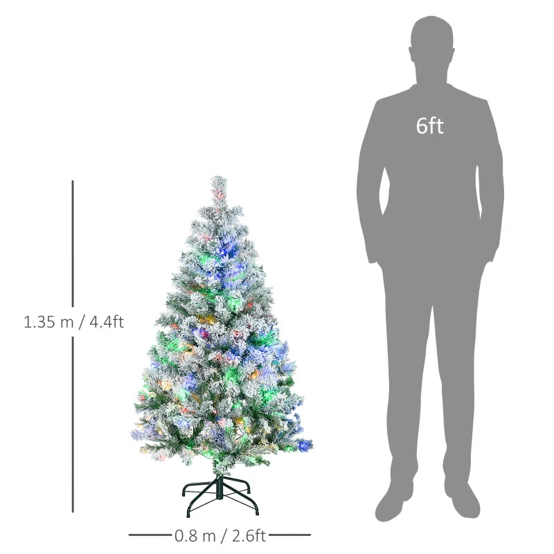 4.5' Artificial Snow Christmas Tree with Frosted Branches & LED Lights - Warm White or Colorful, Sturdy Steel Base