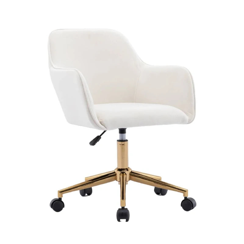 Ivory Velvet Adjustable Height Swivel Executive Office Chair with Gold Legs & Ergonomic Backrest - 58x58x86 cm