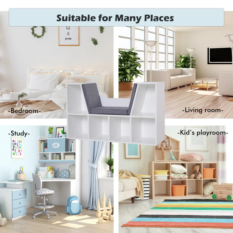 Stylish White Bookcase Storage Shelf with Cushioned Reading Seat - Cube Bookshelf Organizer for Bedroom & Living Room
