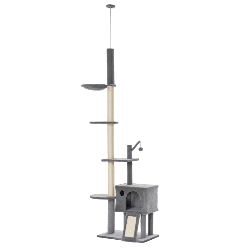 270cm Cat Tree for Indoor Cats - Floor to Ceiling Scratching Post with Hammock & Hanging Ball - Grey Activity Center
