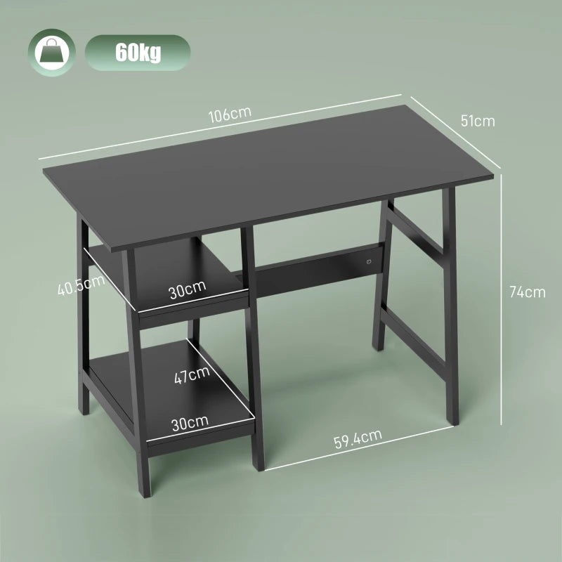 Compact Black Computer Desk with Storage Shelves - Study Table & PC Workstation for Home Office, Easy Assembly, 106x51cm