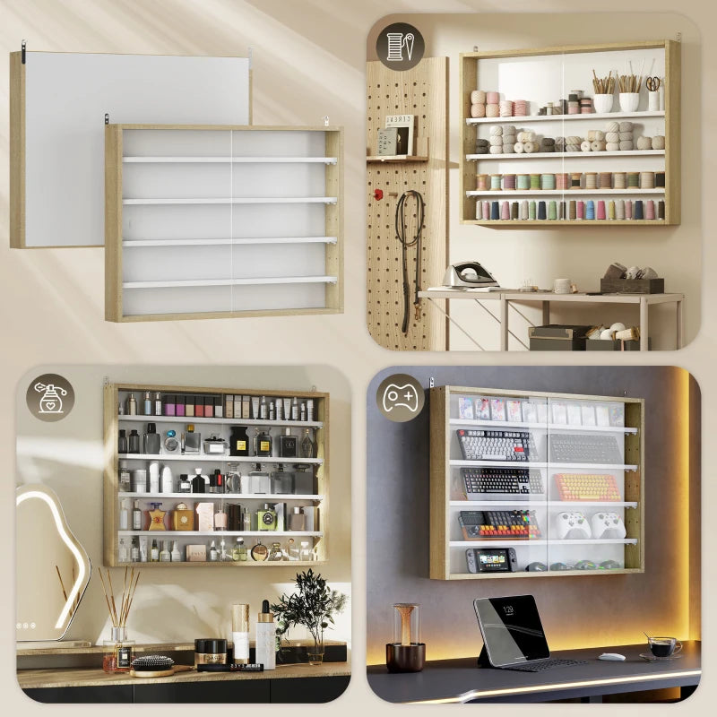 5-Tier Wall Display Shelf Unit with 4 Adjustable Shelves & Glass Doors - Natural Finish for Home & Office Decor 60x80cm