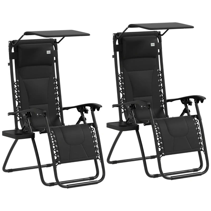 Zero Gravity Lounger Chair Set of 2 - Folding Reclining Patio Chairs with Shade Cover, Padded Seat, Cup Holder, Soft Cushion and Headrest - Black