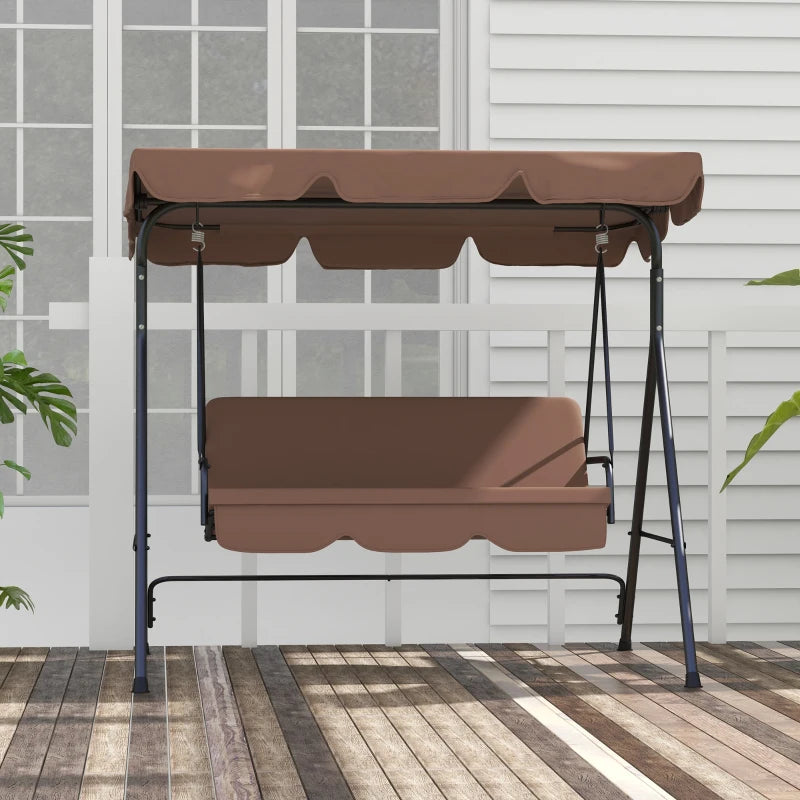 Brown 3-Seat Garden Swing Chair with Adjustable Canopy