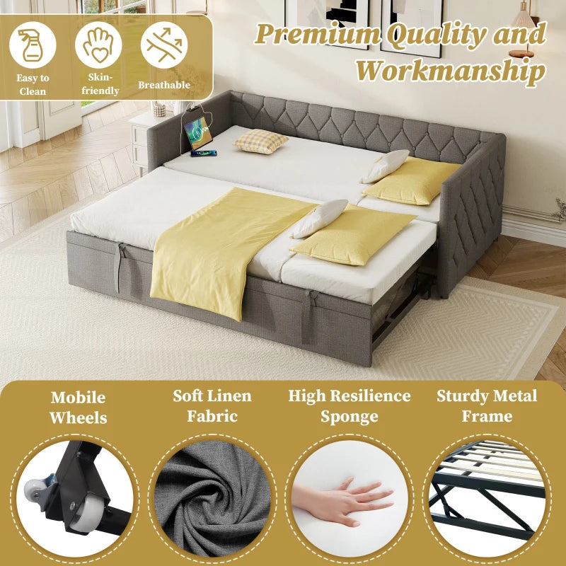 Upholstered Daybed with USB & Type-C Ports, Button-Tufted Trundle Bed for Bedroom & Study, Grey, 206L x 193W x 71H cm