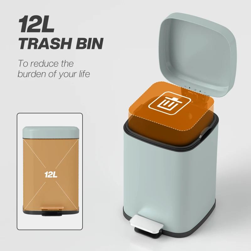 12L Modern Boxy Metal Kitchen Bin - Stylish Light Green Trash Can for Home Organization & Waste Management