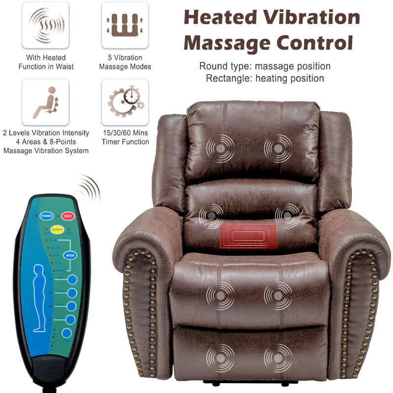 Large Executive Power Lift Recliner Chair with Heating and Massage, Heavy Duty Faux Leather, USB Port, Brown