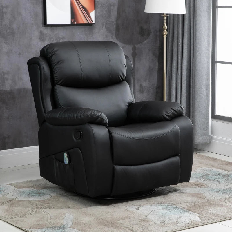 Reclining PU Leather Massage Chair with 8 Points and Heat, Manual Swivel Base, Footrest and Remote Control, Black