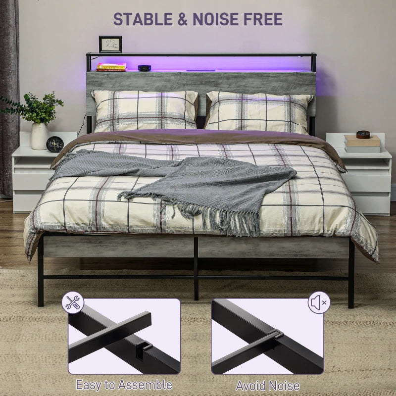 Modern Double Steel Bed Frame with LED Lights & Headboard Shelf - Stylish Grey Design for Ultimate Comfort