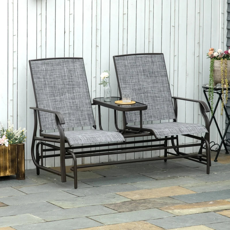 Metal Garden Glider Loveseat with Glass Table, 2 Seats, Brown/Grey