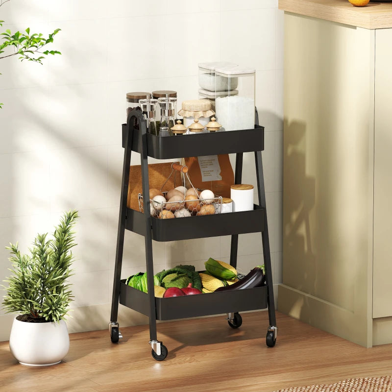 Versatile Three-Tier Black Storage Trolley - Stylish Organizer Cart for Home, Office, Kitchen & Bathroom