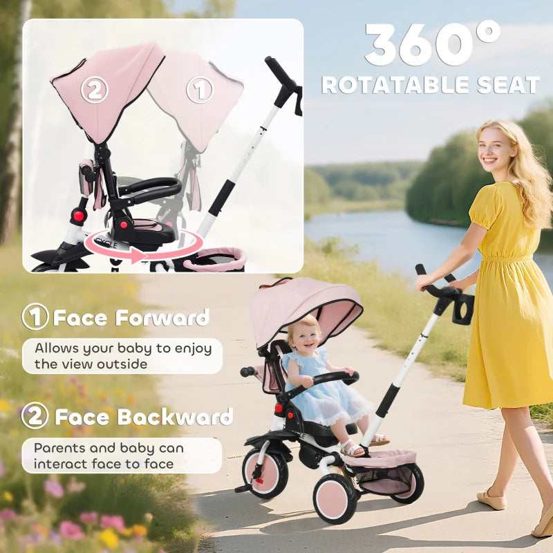 6 in 1 Foldable Kids Trike with Adjustable Parent Handle and Canopy for Ages 1-5 Pink