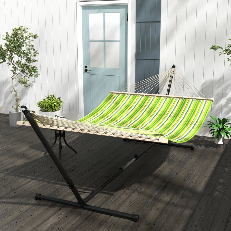 Green Striped Double Cotton Hammock with Adjustable Steel Frame