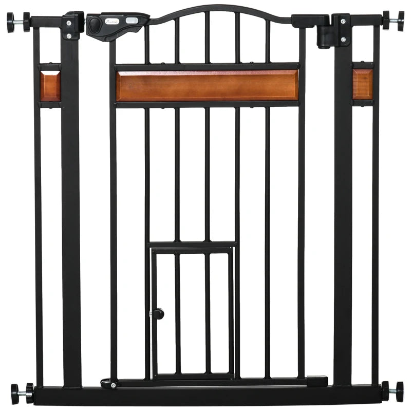 Pet Safety Gate with Cat Flap, Auto Close, 74-80cm Wide for Staircases, Doorways & Hallways - Black