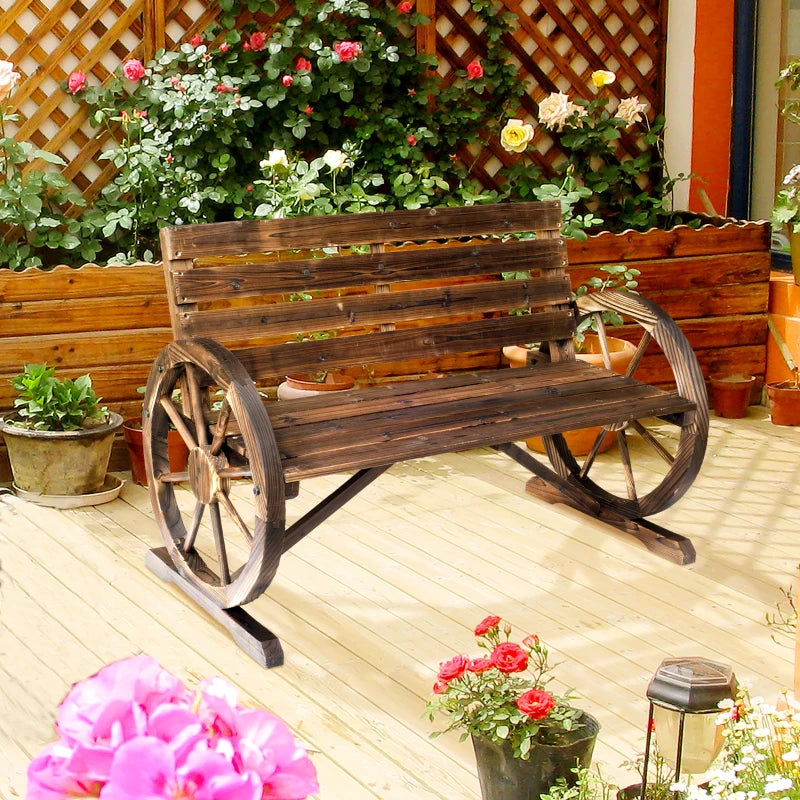Rustic Brown 2-Seater Garden Bench with Wooden Cart Wagon Wheel