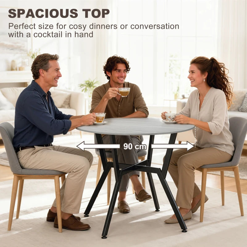 Round Grey Dining Table with Black Legs - 90 x 76 cm Kitchen Table with Anti-Slip Foot Pads for Living Room