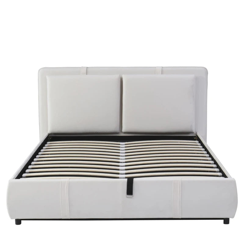 Upholstered Double Bed with Hydraulic Storage & Headboard - Full-Size Beige Bed for Bedding Storage, 210x159x90 cm